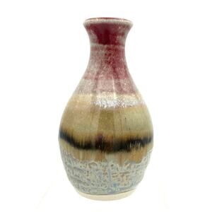 Handmade Pottery Vase 6" Maroon, Beige, Gray